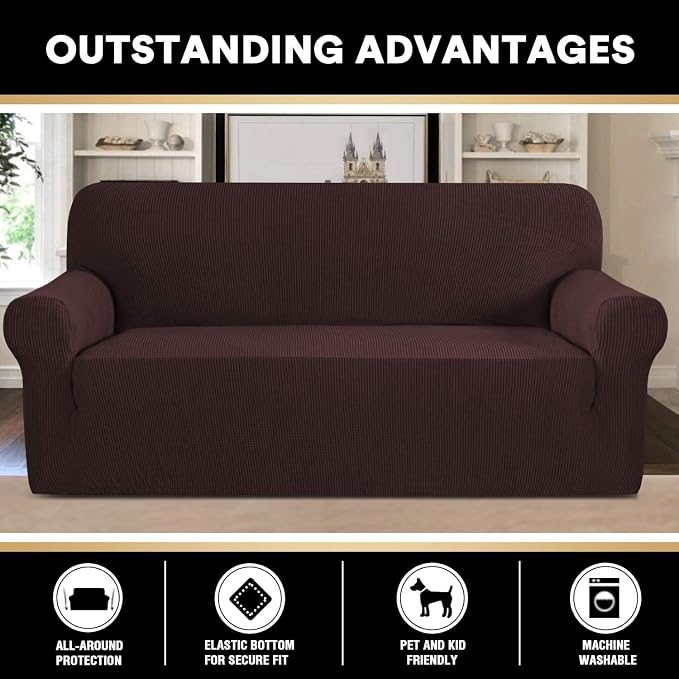 Stretch Sofa Cover Slipcover Couch Covers for 3 Cushion Couch Furniture Protector Sofa Covers with Non Slip Elastic Bottom Dogs Pet Friendly Fitted(Large Sofa 90"-100",Brown)