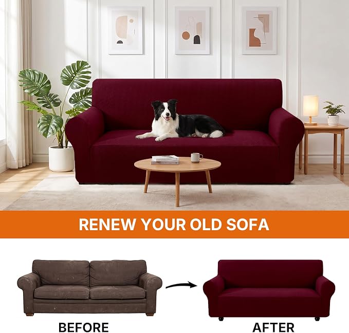 XINEAGE Stretch 3 Seater Slipcover, Non-Slip Pet Couch Cover,Wine Red | Washable Furniture Protector, Elastic Bottom, Dogs & Cats Friendly, Scratch-resistant, Fast Setup, High Elasticity