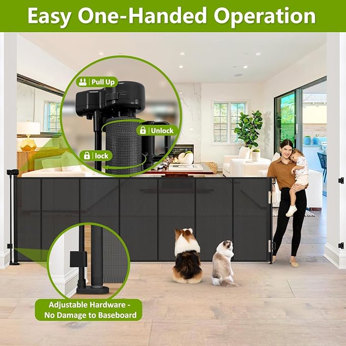 Reinforced 42" Tall Pet Gate 195" Extra Long Baby Gate Indoor/Outdoor/Black | Tall Retractable Dog Gate for Gagage/Deck/Patio, Space-Saving, Easy to Use, Safety Lock, Scratch-Resistant Mesh, Easy Install
