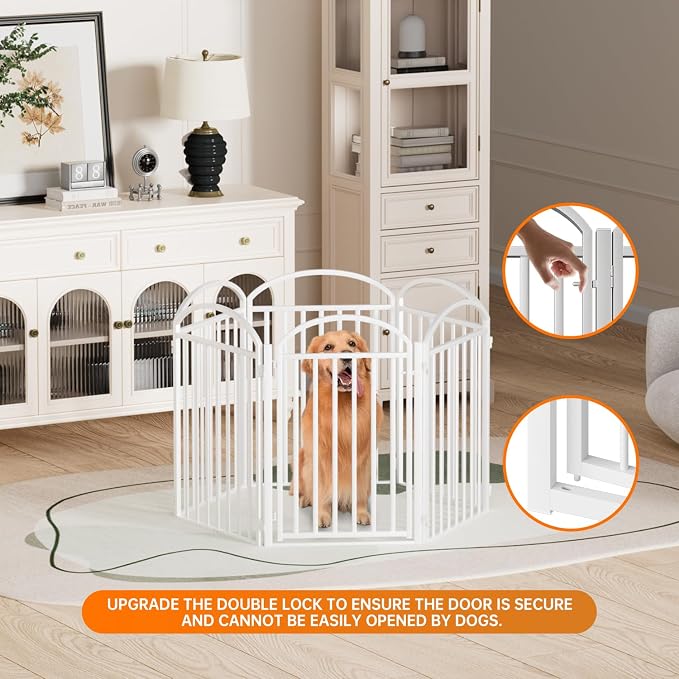 SNUOWU 6 Panels Full Matel Freestanding Dog Gates with Door, 144"Extra Wide 32"Tall Free Standing Dog Pet Gate for Indoor & Outdoor. Foldable Pet Fences for Doorways, House, Stairs, Porch, Deck, Yard