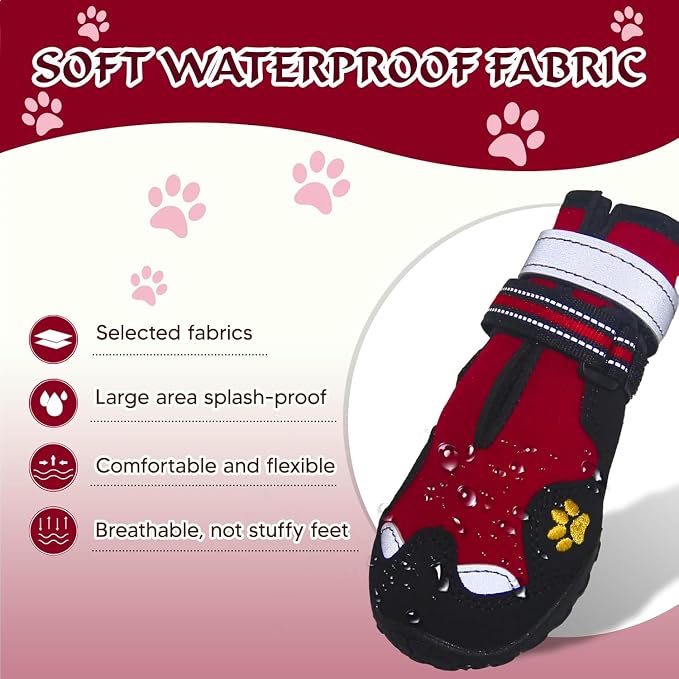 Dog Shoes for Large Dogs, 360°Anti Slip Medium Dog Boots & Paw Protectors Winter Snowy, Waterproof 4Pcs Dog Booties with Reflective Strips (Size 2: 1.77''x2.3''(W*L), Red)