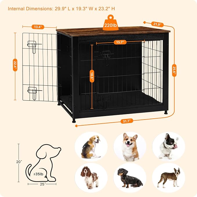 DWANTON Dog Crate Furniture with Cushion, Wooden Kennel Table with Double Doors, Indoor Dog House, Medium Size, 32.5" L, Black+Rustic Brown