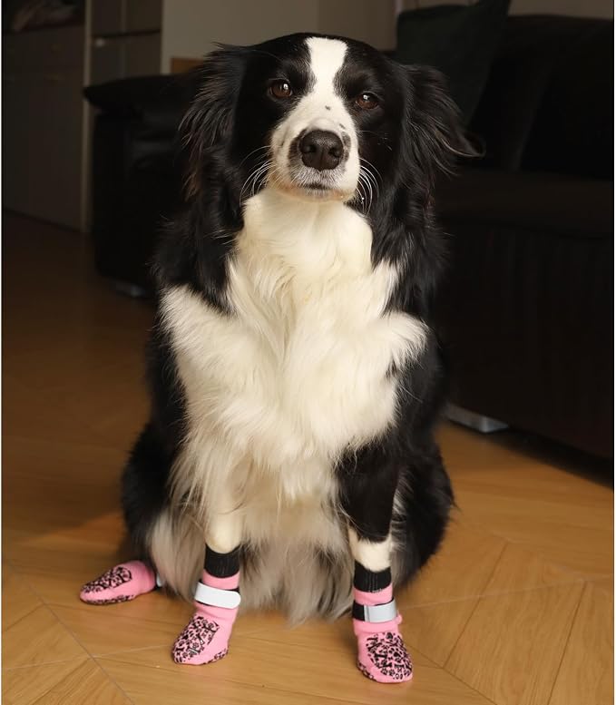 Dog Socks to Prevent Licking Paws, Anti Slip Dog Boots & Paw Protectors for Hardwood Floors, Toe Grips for Small Medium Large Senior Dogs, Dog Shoes for Hot/Cold Pavement(Pink Bone,S)