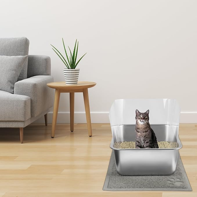 2 PCS Stainless Steel Cat Litter Box, Extra Large Metal Litter Box with Plastic Shields, Kitty Basic Litter Pan 23.6''*15.8'' with Metal Litter Scoopers, Litter Mat