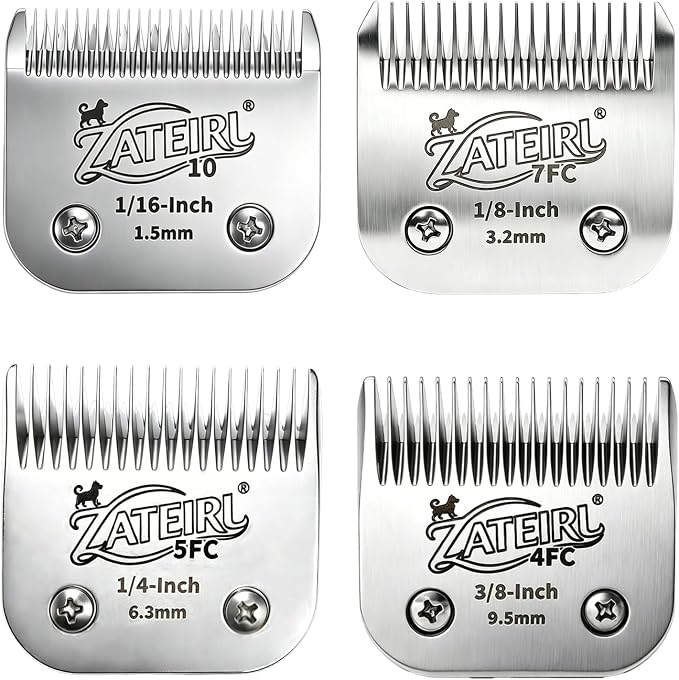 4 Pack Pet Grooming Clipper Blades with Ceramic Cutters, Sizes 10, 7FC, 5FC & 4FC, Silver, Compatible with Andis, Oster A5, Wahl KM10 A5 Style Dog Clippers