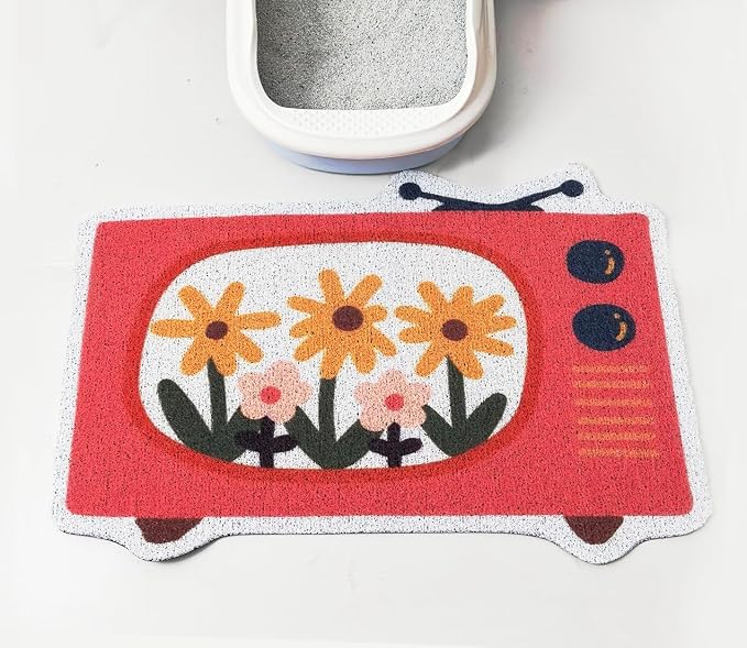 Lukamoo® Cute Cat Litter Mat (30''x20''), Extra-Large/XL, for Kitty Litter & Cute Cat Litter Box, Litter Trapping Mat (Large (30'' x 20''), Retro Television)