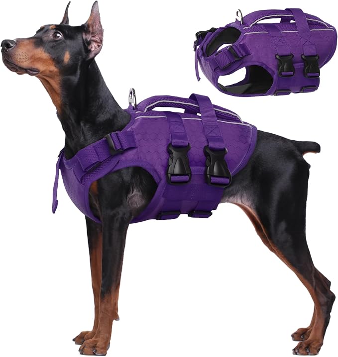 Kuoser Dog Life Jacket, High Flotation Reflective Dog Life Vest, Purple,XXL | Adjustable Dog Lifejackets for Small Medium Large Dogs, Lifevest with Rescue Handle for Swimming, Boating, Lake, Beach & Pool