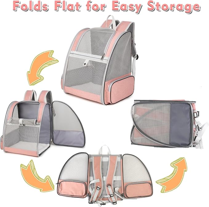 Cat Backpack Carrier, Large Pet Backpack with Kitten Wand Feather Toy for Medium Small Dog Cat Puppy Kitty Bunny up to 15lbs, Ventilated Mesh Dog Travel Carrier for Hiking Walking Outdoor Use (Pink)