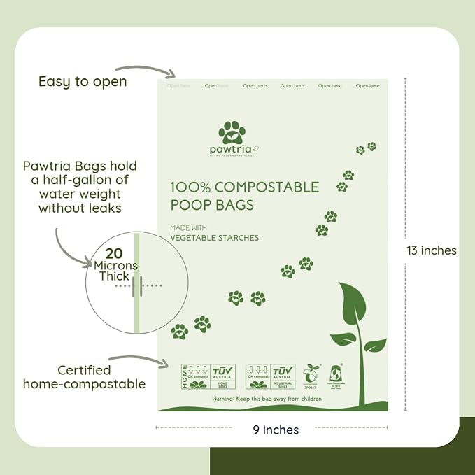 Pawtria Home Compostable Dog Poop Bag Rolls (120) + Silicone Treat Pouch | 120 Leak-Proof Poop Bags for Dogs, TÜV Austria Home Compost Certified & BPA-Free Silicone Treat Case