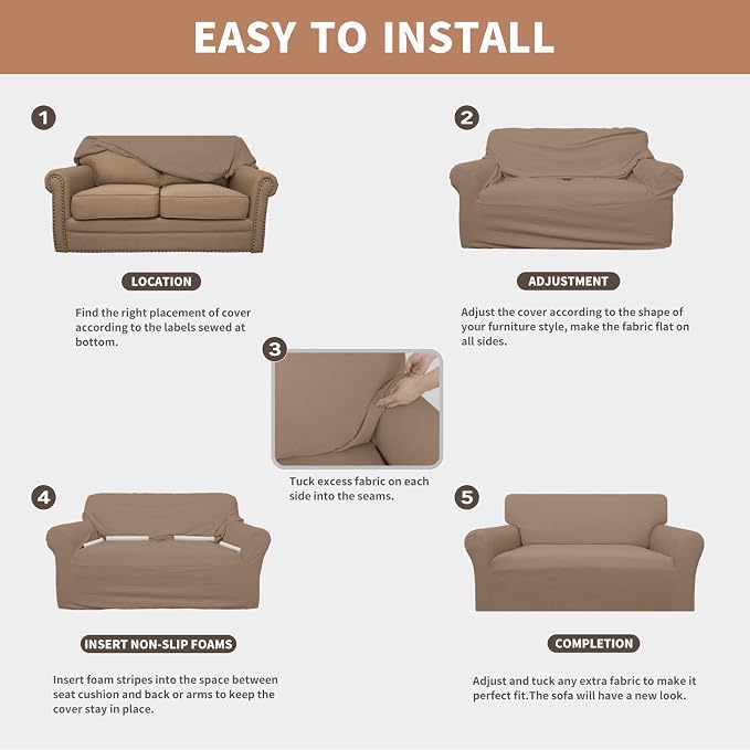 Easy-Going 100% Waterproof Couch Cover, 3 Cushion Oversized Sofa Cover | Leakproof Sofa Slipcover, Stretch Jacquard Furniture Protector Against Stain Spill from Kids, Pets, Dog, Camel