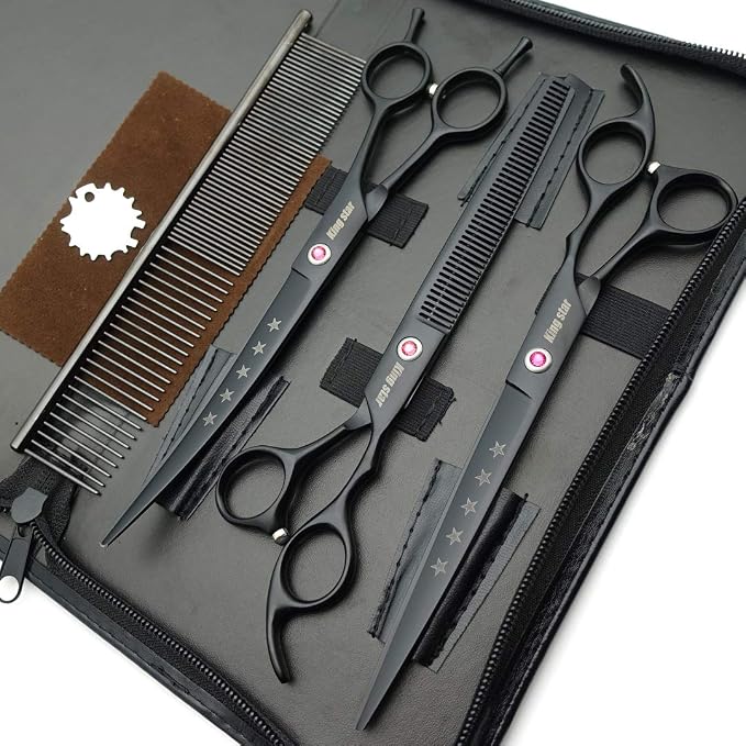 KINGSTAR 8.0in. Matt Black Professional Pet Grooming Scissors Set,Straight & Thinning & Curved Scissors Set with Comb,Dog Grooming,A559