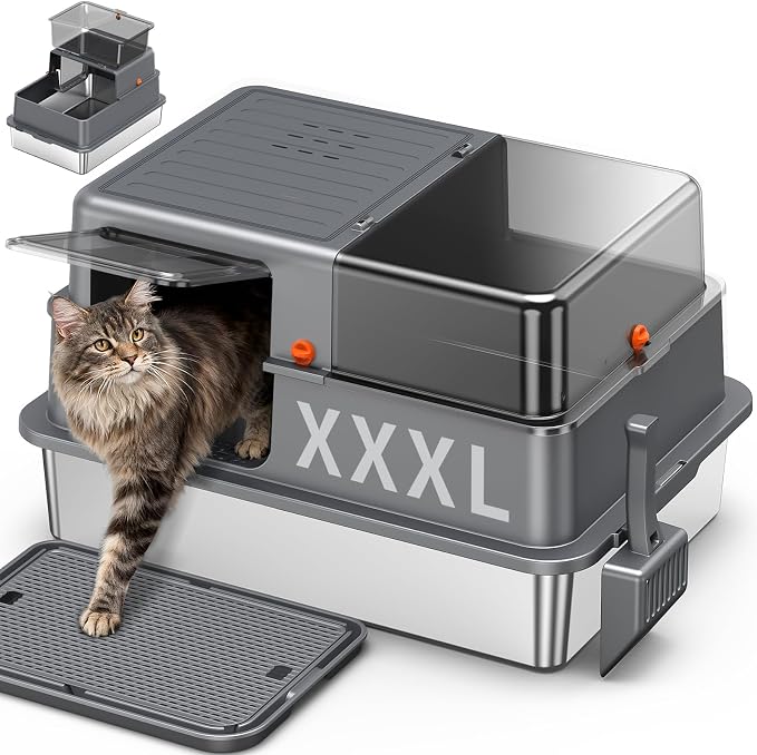 XXXL Stainless Steel Litter Box with Lid，28.3" L x 20.2" W x 17.3" H | Extra Large Enclosed Metal Cat Litter Box for Large Cat and Multiple Cats,Non-Sticky, Anti-Leakage, Easy to Clean