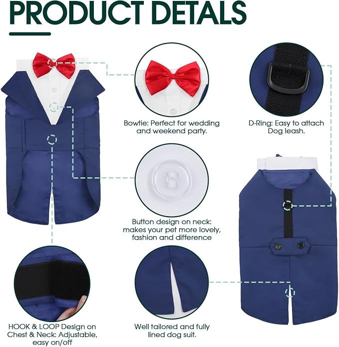 Kuoser Dog Tuxedo, Dog Suit and Bandana Set, Dogs Costume with D-Ring | Formal Dog Outfit with Detachable Bowtie Collar for Wedding, Birthday, Party, Christmas, Halloween, Blue XL