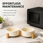 SPUNKYJUNKY Ceramic Dog and Cat Bowl Set with Wooden Stand, Modern Cute Weighted Food Water Set for Small Size Dogs (13.5OZ) & Medium Sized Dogs (28.7OZ) & Cats (1.7 Cups, 2 × Beige)