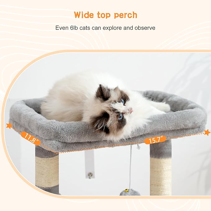 Heybly Cat Tree, Kitten Tower with Large Soft Cat Basket HCT008SW | Cat Condo with Spacious Cat Bed Cave with Hidden Space, Sisal Scratching Posts, Dangling Ball for Indoor Cats, Light Gray