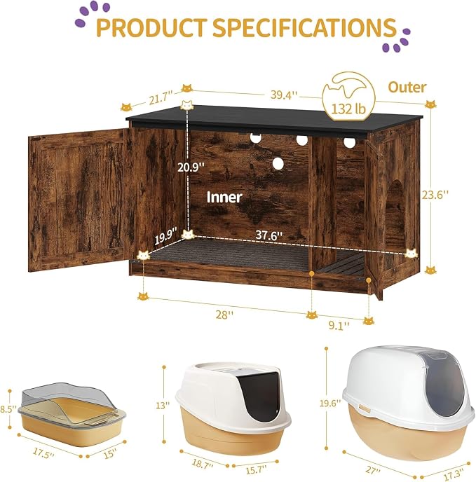 Hzuaneri Cat Litter Box Enclosure, Hidden Litter Box Furniture with Divider | Wooden Cat Cabinet with Removable Dividers, Reversible Entrance Left or Right Side, Cat Washroom, Rustic Brown Black CB84701X