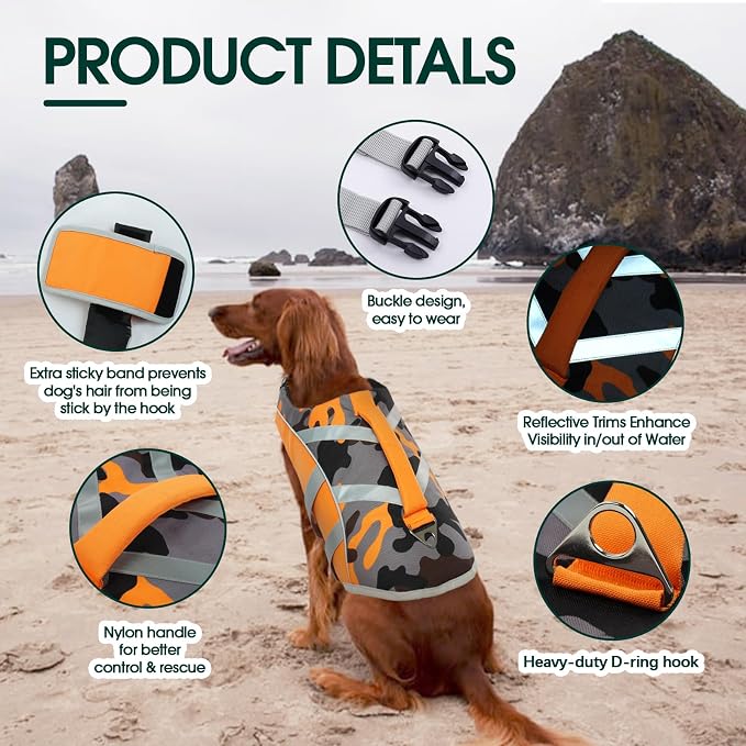 Kuoser Reflective Dog Life Jacket, Dog Life Vest for Swimming Boating | Adjustable Pet Lifejackets, High Flotation Doggie Swimsuit with Rescue Handle for Small Medium Large Dogs