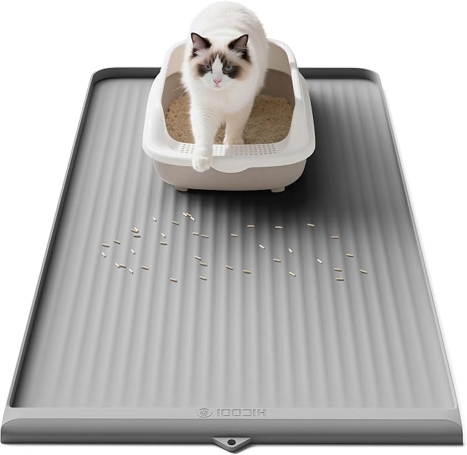 Cat Litter Mat 36"x24", Waterproof Litter Trapping Mat, Grey | Raised Edges Prevent litters, Diversion Grooves, Non-slip Backing, Easy to Clean