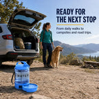 Portable Dog Water Bottle with Travel Bowl, 77 oz/2.2 L, Blue | 2-in-1 portable dog water bottle with pull-out bowl; BPA-free plastic, silicone seal, wide mouth and grip for hikes or travel
