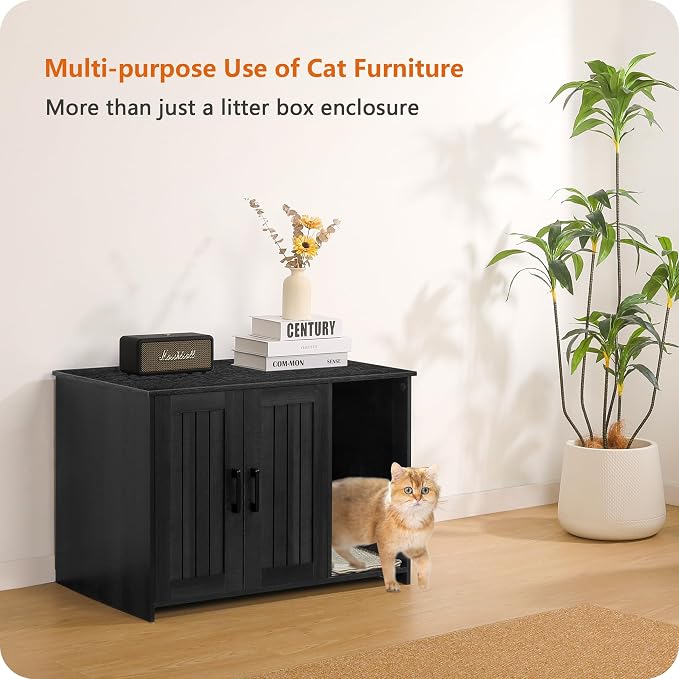 Dwanton Litter Box Enclosure, Cat Litter Box Furniture Hidden, with Scratching Mat, Wooden Cat Washroom Indoor, 31.5" L x 19.7" W x 21.7" H, Dark Gray