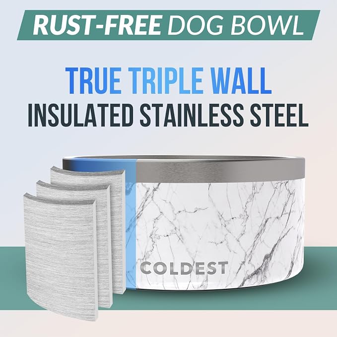 Coldest Dog Bowl - Anti Rust Metal, Non Slip, 3 Layers Insulated Stainless Steel Dog Bowls - Spill Proof & Heavy Duty - Water Bowl for Dogs, Cats & Pets, Dish Washer Safe (200 oz, Carrara Marble)