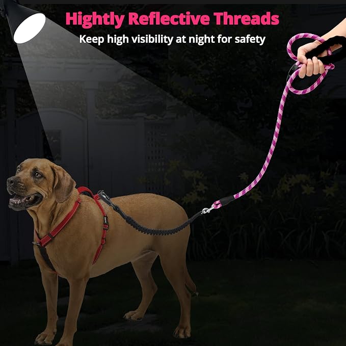 Long Dog Leash 10 FT: Heavy Duty Rope Leashes for Dogs Training with Swivel Lockable Hook Reflective Threads Bungee and Padded Handle - Dog Lead for Large Small Medium Dogs Outside Walking Hiking Red