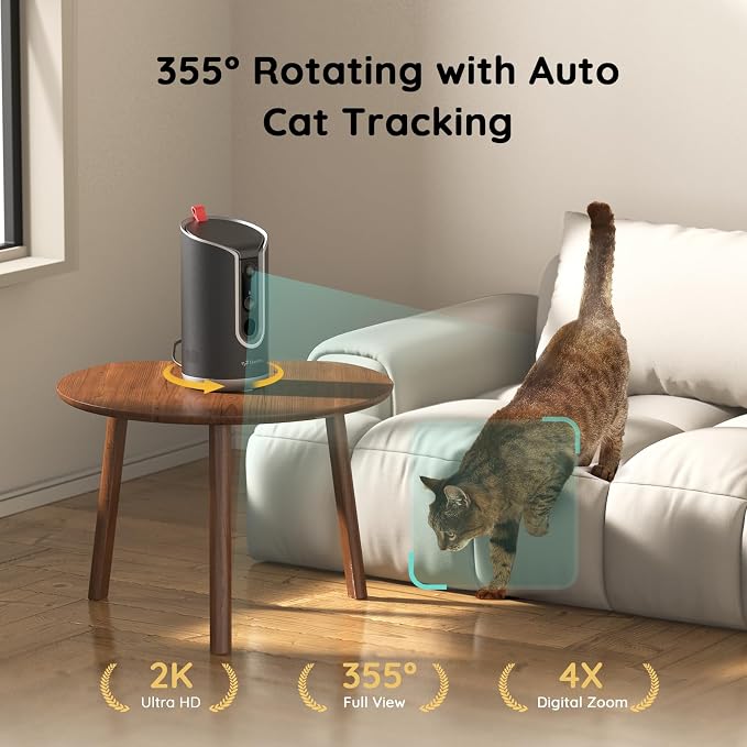 TKENPRO 2K Pet Camera Treat Dispenser, AI Photo Album, Dog Camera with 360° Auto Tracking & 5G/2.4G WiFi, 2-Way Talk, Remote Treat Tossing, Motion Alerts for Cats Indoor