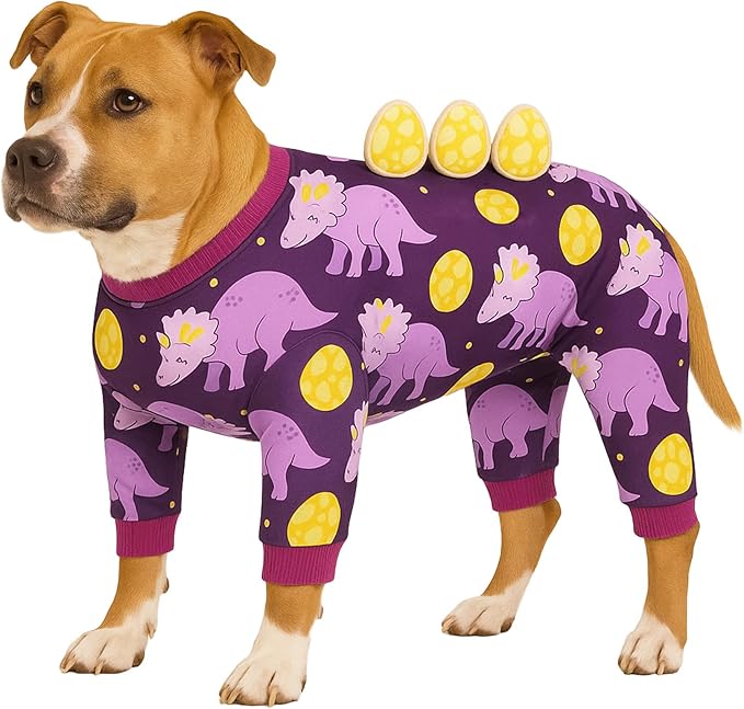 LovinPet Large Dog Pajamas, Four-Leg Stretch Onesie Bodysuit, Lightweight UV-Shielding Pajamas, Anti-Lick Calming Recovery Suit for Surgery, 3D Dino Egg Spikes, Easy on/Off， Purple， XL