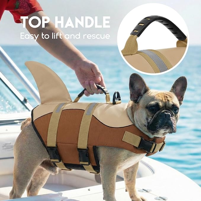 ASENKU Dog Life Jacket - Pet Safety Vest for Swimming & Boating, Shark Life Jacket with Floatation, Dog Lifesavers Swimsuits for Small Medium Large Dogs (Brown, XS)