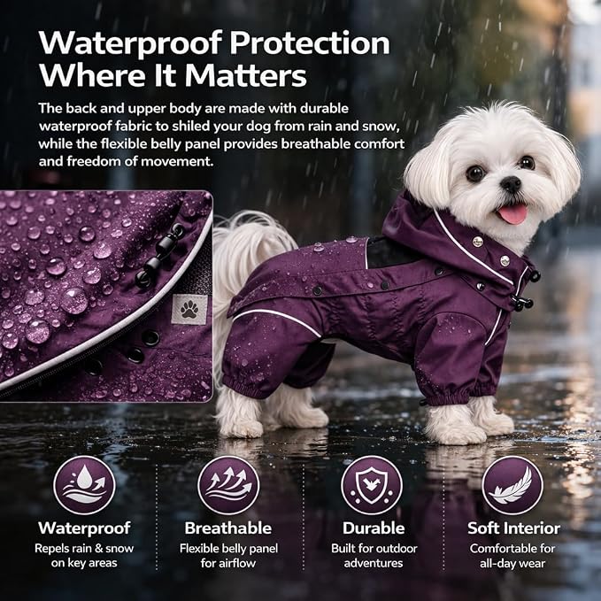 LOVELONGLONG Waterproof Dog Raincoat with Removable Hood – Outdoor Full Body Dog Jacket, Windproof Snowproof Shell Suit – All Season Pet Rain Gear Plum Purple M