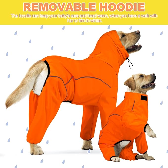 ADINIKIA Dog Raincoat,Waterproof Rain Jacket with Removable Hood,Orange XL | Leash Hole/ Reflective Stripe/Adjustable 4 Legs Rainsuit/Full Coverage/ Snowproof Windproof/ For Small to 3X-Large Dogs