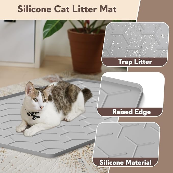 Garoopion Silicone Cat Litter Mat 34×22 inch, Easy to Clean, Gray | Waterproof Silicone Mat with Raised Edges, Catch Litter, Protect Floor from Urine, Multi-Use for Dog/Sink/Kitchen/Boots