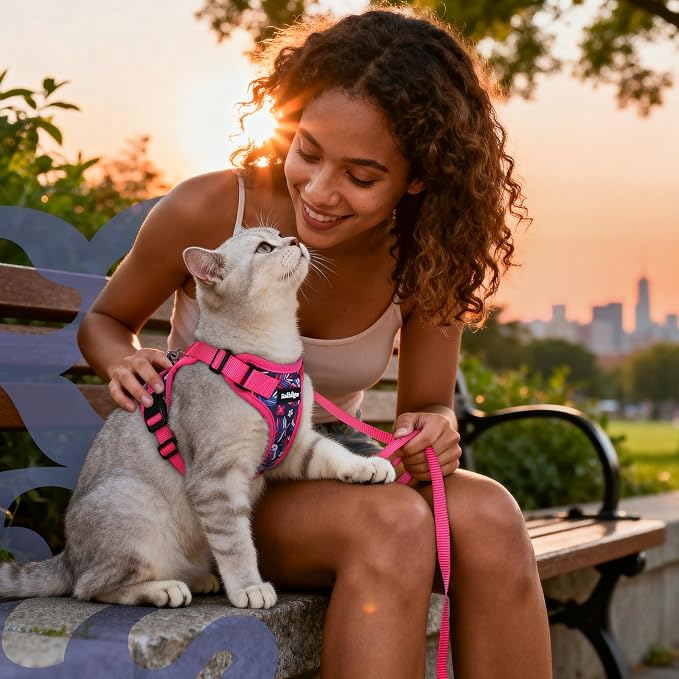 rabbitgoo Cat Harness and Leash Set, Escape Proof Vest, Coconut Fuchsia | Soft Breathable Mesh, Easy Adjustable Fit, Snap Buckles, Sturdy Clip, Reflective Strips, for Medium to Large Cats Walks, M