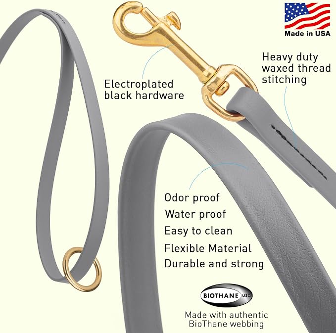 Viper Biothane K9 Working Dog Leash Waterproof Lead for Tracking Training Schutzhund Odor-Proof Long Line with Solid Brass Snap for Puppy Medium and Large Dogs 6ft, Battleship Gray