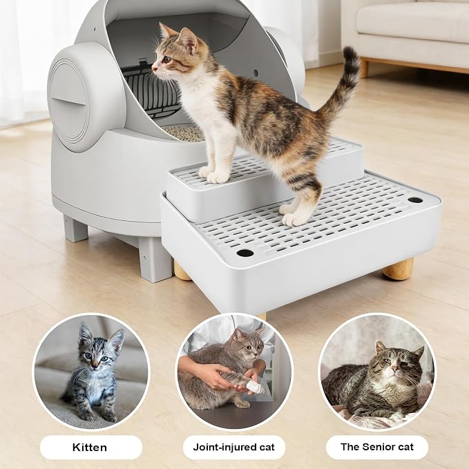 Adjustable Litter Box Step, Cat Litter Box Ramp/Catcher with Wooden Feet | 2 Steps,Fits Automatic Litter Box Steps, Filter Function, Anti-Tracking, Easy to Clean, For Small & Elderly Cats