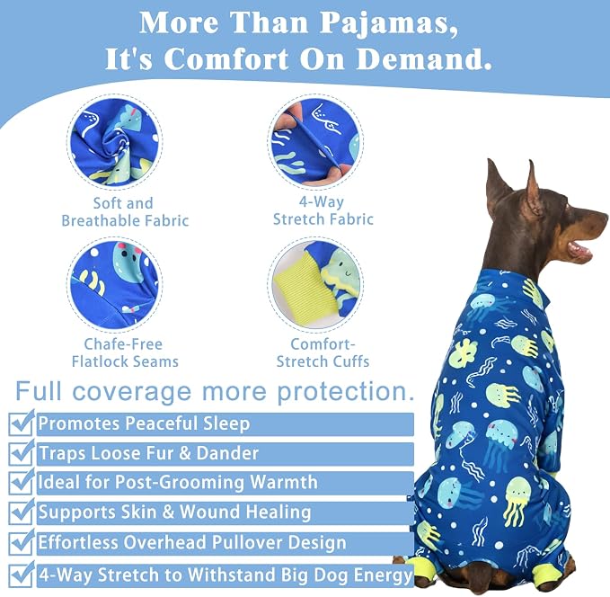 Large Dog Pajamas Pet Recovery Shirt Dog Pjs Cute Lightweight Stretchy Knit Pullover Large Dogs Pajamas Onesie for Small, Medium and Large Breeds (XX-Large (40-55lb), Blue Jellyfish)