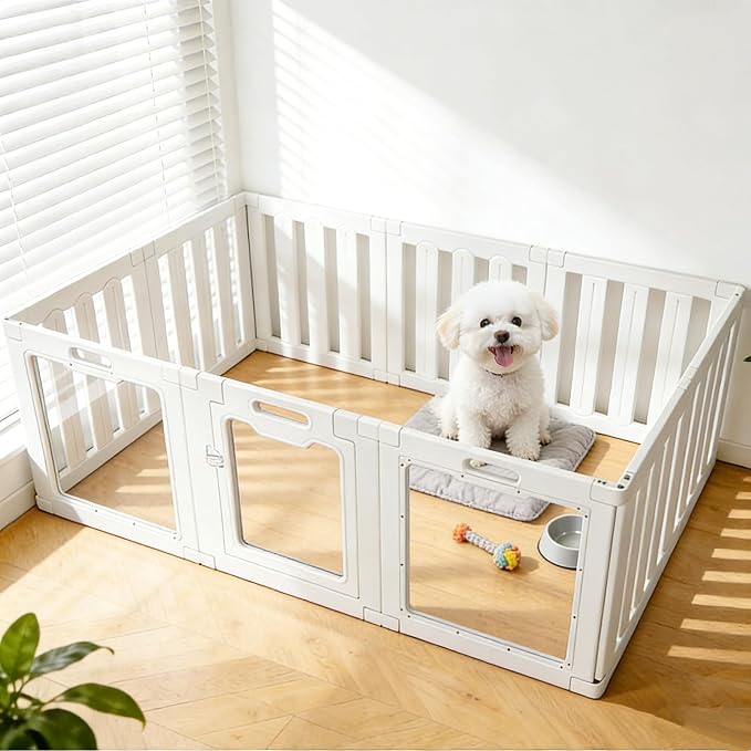 Acrylic Indoor for Dogs Playpen, 24" H 10 Panels DIY Puppy Playpen | Indoor & Outdoor Dog Playpen with Heavy Duty Door Lock, Easy-Assembly&Clean Door Pet Fence for Dogs Puppy,Cats,Rabbits,White