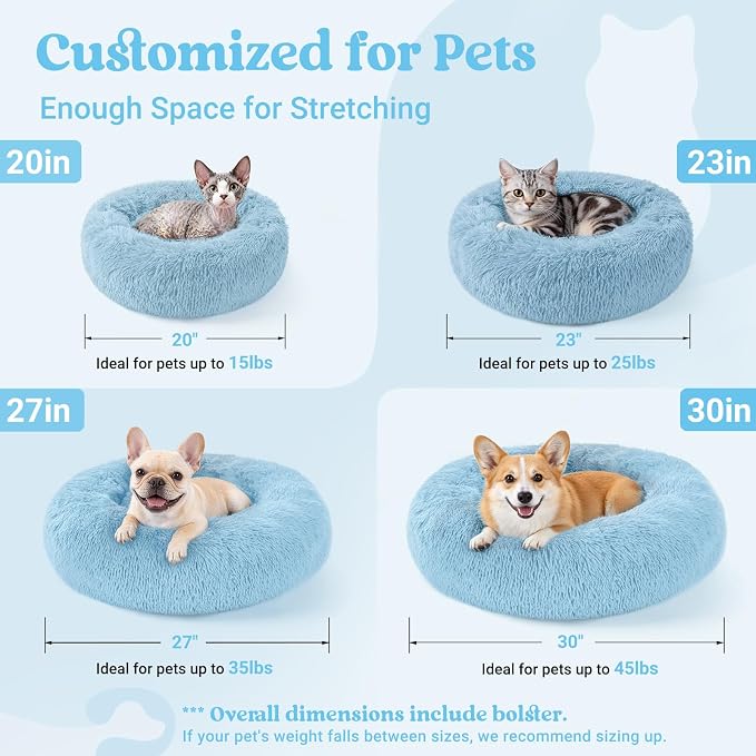 rabbitgoo Calming Cat Beds for Indoor Cats, 20 inches, Light Blue | Soft Warm Donut, Fluffy Faux Fur, Supportive Raised Rim, Anti-slip, Machine Washable, Up to 15lbs Kittens & Small Cats