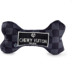 Haute Diggity Dog Chewy Vuiton Bone Plush Squeaky Dog Toy, Soft Durable Designer-Inspired Stuffed Puppy Chew Toys for Small & Medium Dogs, Machine-Washable (Black Checker) Small