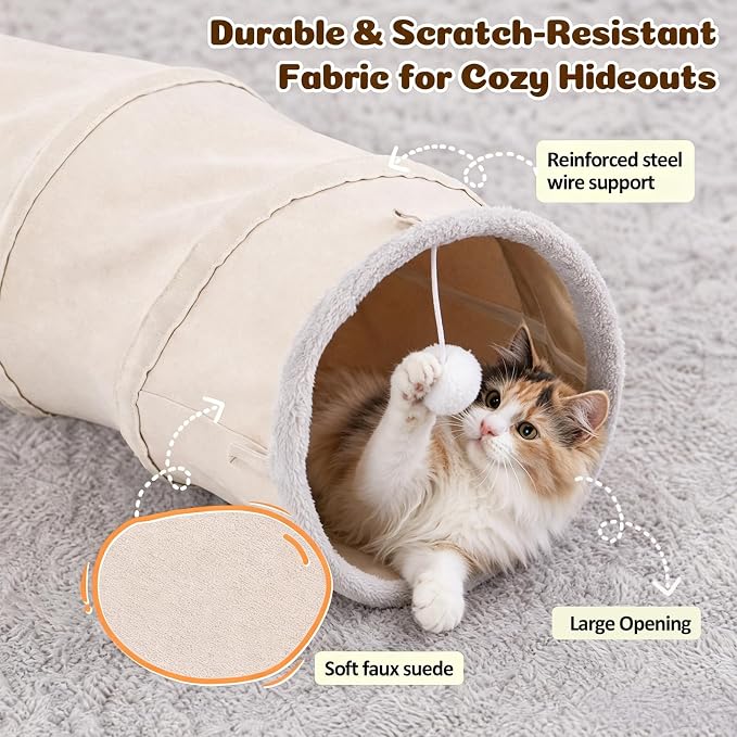 Ownpets S-Shape Cat Tunnel Toy 48"L x 12"D, for Cats, Puppies & Small Pets | Collapsible for storage, tear-resistant oxford fabric, connects to other tunnel, with peek hole, feather wand, indoor/outdoor