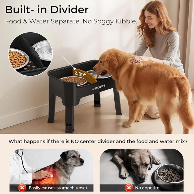 URPOWER Mess Proof Elevated Dog Bowls, Splash Guard Raised Bowl Stand | 4 Height Adjustable Raised Stand with 2 Stainless Steel Food Bowls & Licking Plate for Small, Medium & Large Dogs
