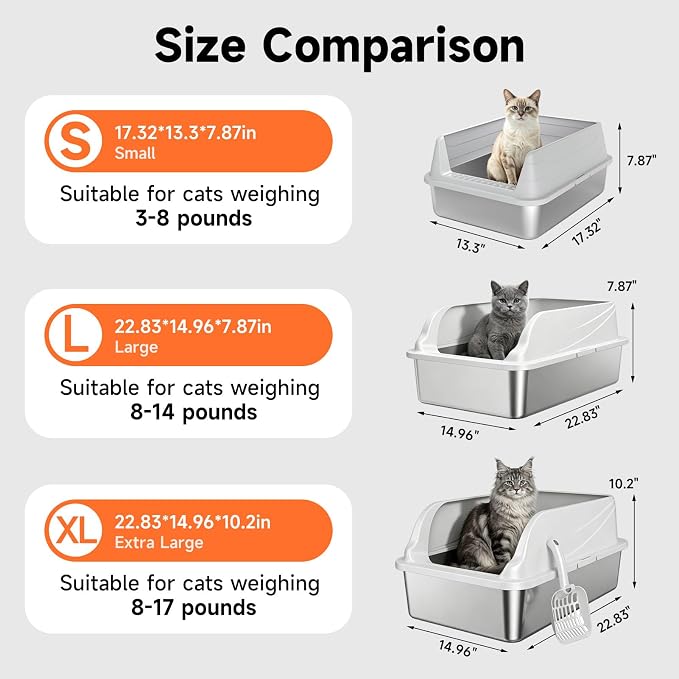 Stainless Steel Cat Litter Box for Small Cats, Odor Free Metal Litter Box | High Sides Lid Open Top Low Entry Litter Pan Easy Cleaning Kitty Cat Box Anti-Urine Leakage Non-Sticky Include Scoop