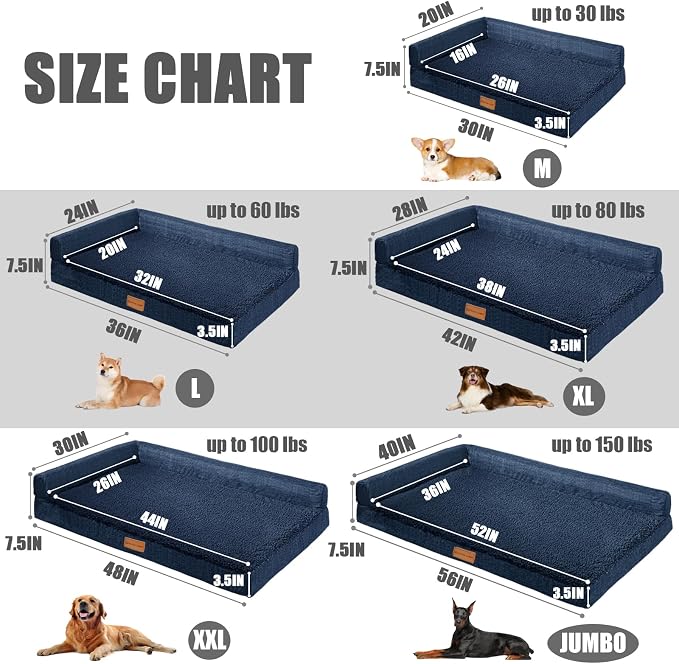 Patas Lague Orthopedic Large Dog Bed Pet Sofa Beds 48''X30''Navy Blue | L Bolster Egg-Crate Foam Dog Couch For Large Sized Dogs, Waterproof Removable Washable Cover, Pet Mat with Nonskid Bottom