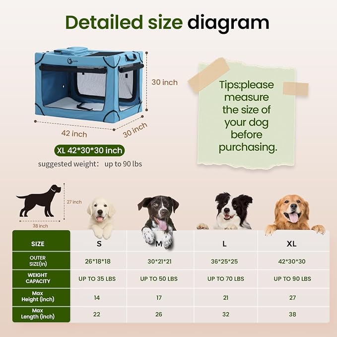 Portable Collapsible Soft Dog Crate for Extra Large Dogs,42in Blue | Oxford Cloth Travel Camping dog kennel with 4 Mesh Windows & 2 Storage Pockets,for Indoor & Outdoor Use