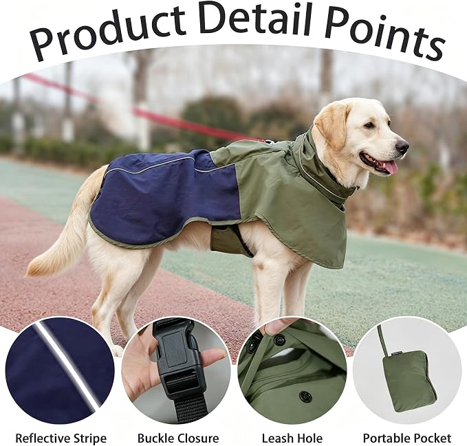 MAMORE Dog Raincoat with High Collar - Waterproof Adjustable Dog Rain Jacket, Lightweight Reflective Pet Rain Coat for Small Medium Large Dogs for Outdoor Walking Hiking (Green&Navy, Medium)