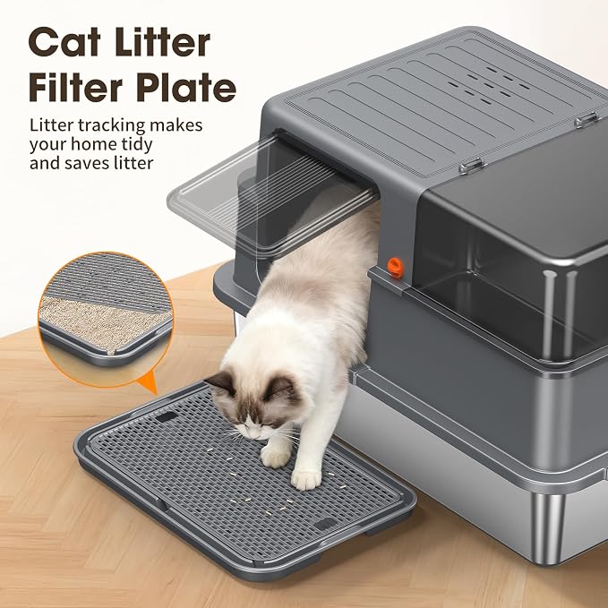 XXXL Stainless Steel Litter Box with Lid，28.3" L x 20.2" W x 17.3" H | Extra Large Enclosed Metal Cat Litter Box for Large Cat and Multiple Cats,Non-Sticky, Anti-Leakage, Easy to Clean