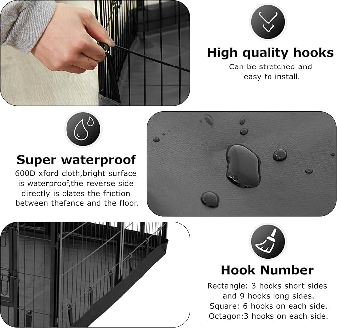 PJYuCien Octagon Playpen Bottom Pad for 24'' Width 8 Panel Pen, Black | Protect Floor, Easy to Move and Clean, Perfect for Puppy, Duck, and Other Small Animals, Hook Connect