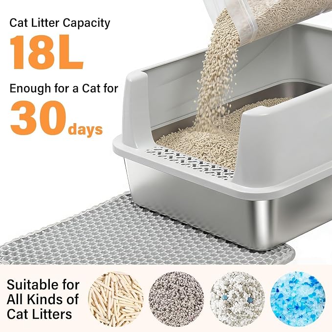 Stainless Steel Cat Litter Box for Kittens, Low Entry Kitten Litter Box | Small Metal Litter Box, Includes Scoop and Mat, High Sided, Non-Sticky, Anti-Urine Leakage, Easy Cleaning