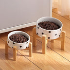 Elevated/Raised 15°Tilted Anti Slip Ceramic Dog Bowl for Small/Medium Breeds,Slanted Bulldog Big Face Pet Food Water Feeding Dish with Stand for Cats and Dogs (3.6 Cups/28 OZ) Black Dot