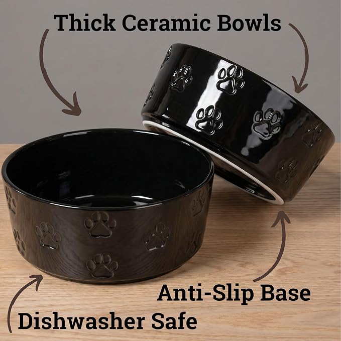 Ceramic Dog Bowl Set of 2 w/ Anti-Skid Base 6.5"W x 2.5"H, 3.8 Cup Capacity | Thick Ceramic, Dishwasher Safe, Anti-Skid Rubber Base, 3.8 Cups per Bowl, Ceramic Food & Water Bowls Set of 2 for Medium Dogs
